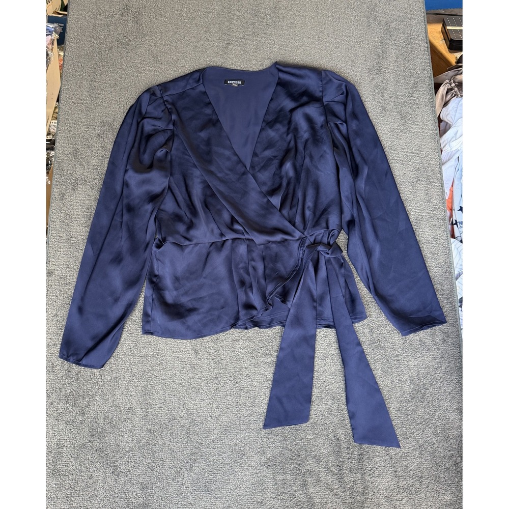 Express Navy Blue Satin Wrap Peplum Blouse Long Sleeve V-Neck XL